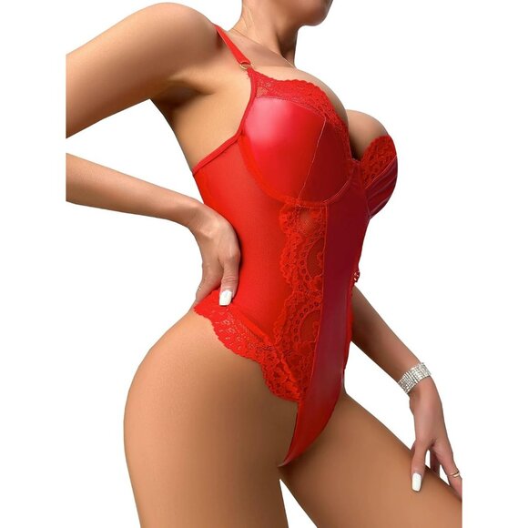 Lilosy Red Leather Underwire Push Up Lace Sheer Corset Teddy Bodysuit Women - Picture 2 of 6